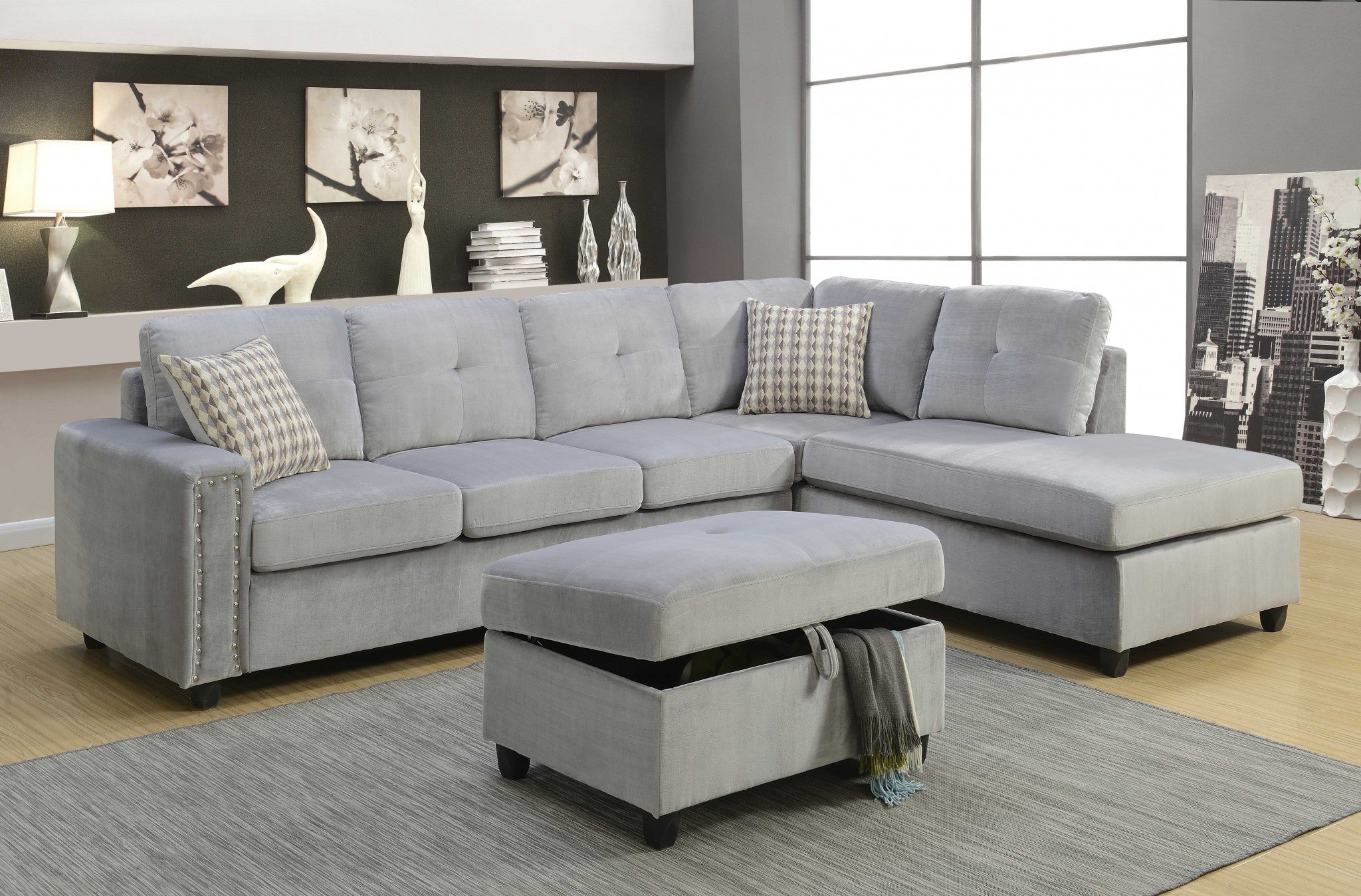 Homeroots Gray Velvet Stationary L Shaped Sofa And Chaise