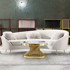 Diamond Sofa Celine Curved Sofa with Contoured Back in Light Cream Velvet and Gold Metal Legs
